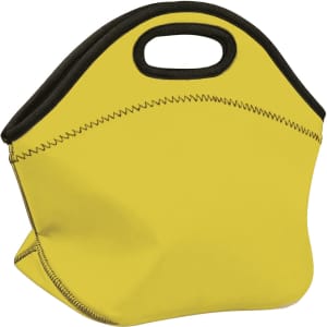 A yellow neoprene lunch bag with a black trim and a handle. It has a smooth, stitched exterior and no visible logos.