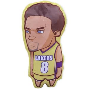 A custom pillow featuring a cartoon character in a yellow Lakers jersey with the number 8.