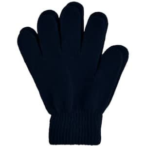 A pair of navy blue knitted gloves featuring a ribbed cuff and a woven label.