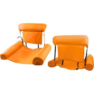An inflatable floating chair in bright orange, featuring a backrest and side supports. It includes a logo.