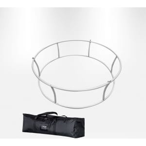 A round hanging banner frame in silver colour, accompanied by a black carry bag.