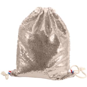 A shiny silver drawstring bag covered in sequins, featuring two drawcords at the base and a branding logo.