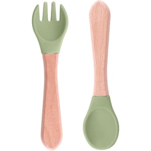 Ergonomic silicone kids cutlery set featuring a green fork and spoon with wooden handles. Includes a logo.