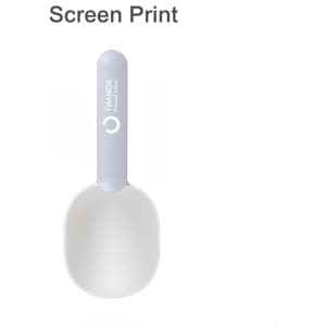 A pet food scoop in light grey and white with a logo on the handle.