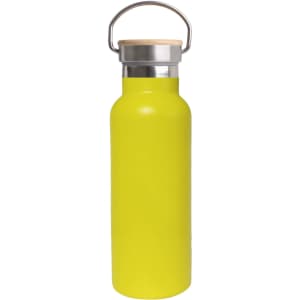 A drink bottle in bright yellow with a bamboo lid and a stainless steel handle, featuring a logo.