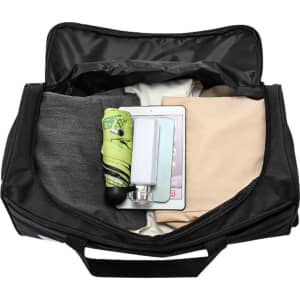 A wheeled duffel bag in black, filled with clothing, an umbrella, and a drink bottle, features a logo on the exterior.