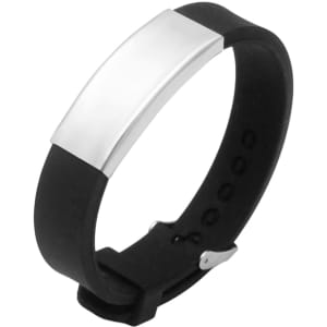 An engraved stainless steel bracelet featuring a black silicone band and a sleek, shiny silver plate.