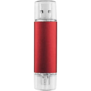 A red double-end flash drive with a clear casing, featuring USB connectors on both ends.