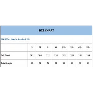 A size chart detailing measurements for men's sizes in a basic fit, including chest and total length dimensions.