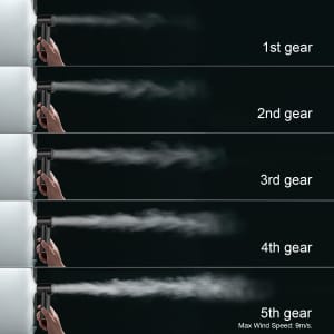A handheld fan with different settings displayed, featuring a black design and visual representation of airflow.