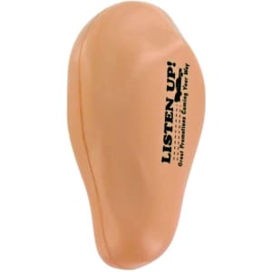 An ear-shaped stress reliever in a soft peach colour, featuring a logo on one side.