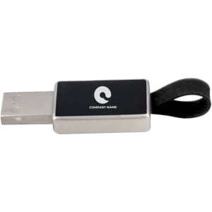 A silver and black flash drive with a logo and a loop for attaching to keychains or lanyards.