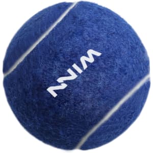 A blue pet tennis ball with white stripes and a logo. Soft texture suitable for play.