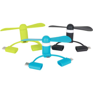 A collection of three smartphone fans in bright green, blue, and black, featuring USB connectors and a compact design.