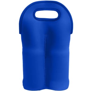 A blue neoprene double beer bottle carrier with handles for easy transport. It features a sleek, smooth design.