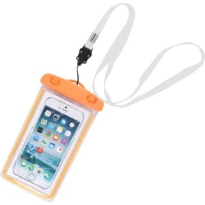 A waterproof phone bag in orange with a transparent front, featuring a strap for easy carrying.