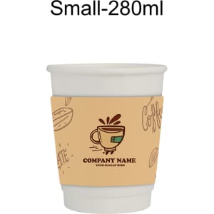 A compostable white paper cup with a brown sleeve featuring illustrations of coffee and a logo.