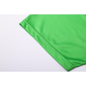 A bright green fabric section of a unisex long-sleeve V-neck shirt with a smooth finish and a branded logo.