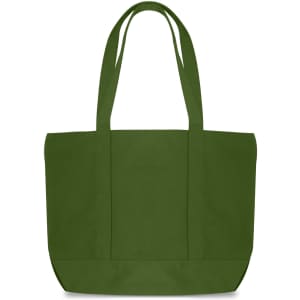 A green canvas zippered tote shoulder bag with two handles and a spacious design. Features a logo on the front.