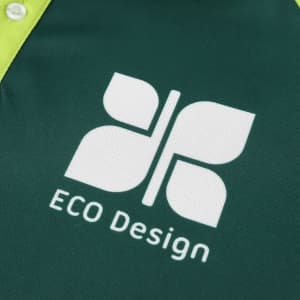 A green and lime unisex polo shirt with a logo featuring a leaf design.