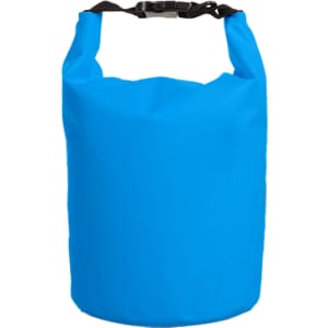 A waterproof dry bag in bright blue, featuring a buckle closure and a solid, cylindrical design.