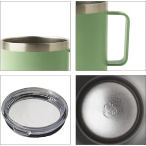 A drink bottle in green with a stainless steel rim and handle, featuring a clear lid and a smooth base.