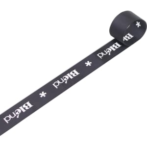 A roll of 22mm width ribbed fabric ribbon in black, featuring a logo or branding along its length.