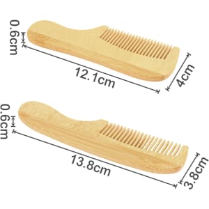 A natural small bamboo comb with handle in light brown, featuring a wide-tooth design and measurements indicated.