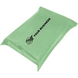 A green self-sealing plastic mailing bag with a logo and text.