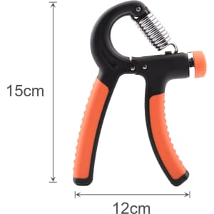A black and orange adjustable hand grip with a spring mechanism, measuring 15cm in height and 12cm in width.