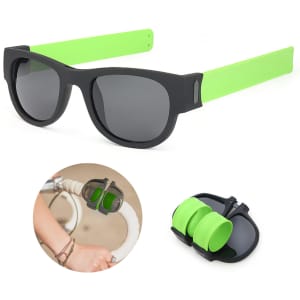 Black sunglasses with green arms, accompanied by a green silicone strap for securing them.