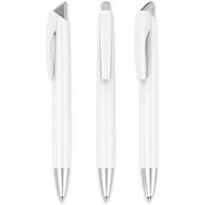 Three white plastic pens with silver accents and clips, featuring a simple, sleek design and a logo.