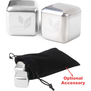 Stainless steel ice cubes in a black pouch, featuring a shiny silver finish. The pouch is included as an optional accessory.