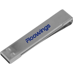 A silver metal clip flash drive with a branding logo, featuring a sleek, slim design.