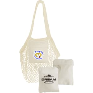 A cream mesh tote bag with a front pocket and two folded pouches. The bag has a logo on the front.
