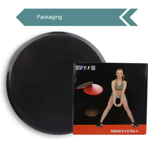 A black yoga sliding disk alongside its packaging, featuring an image of a person demonstrating its use.