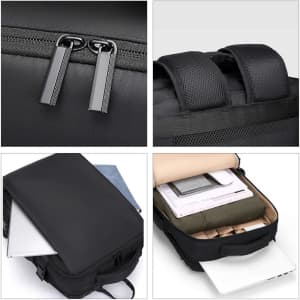A black travel backpack featuring zippered closures, padded straps, and compartments for a laptop and documents.