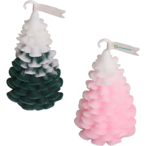 Cedar-shaped candles in green and pink, featuring a tiered design with a small flag on top.