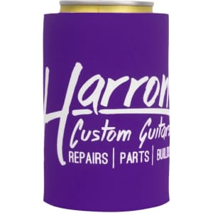 A purple stubby holder designed for drink cans, featuring a logo and text.