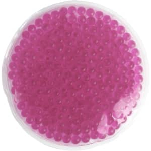A round gel pack filled with small, pink beads, enclosed in a clear plastic layer. It has a logo on the surface.