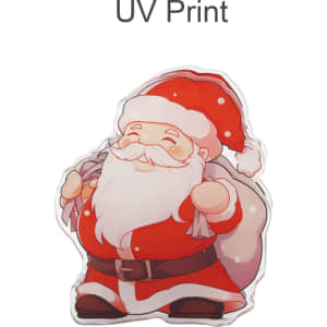 Acrylic Santa clip featuring vibrant red and white colours, smiling with a sack over his shoulder. Includes a logo.