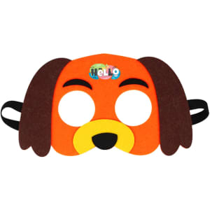 A dog-shaped felt mask in orange, brown, and yellow with cut-out eye holes and an attached elastic band.
