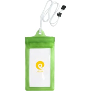 A waterproof phone bag in bright green, featuring a neck string and a logo. Suitable for keeping items dry.