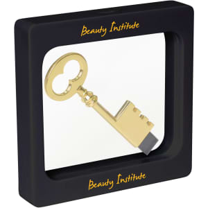 A square floating box displaying a gold key inside, framed in a black casing with a logo.
