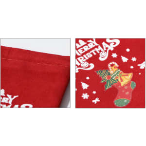 Red drawstring gift bags featuring festive designs, including Christmas stockings, trees, and a logo.