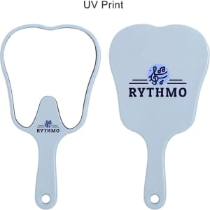 A tooth-shaped face mirror in light blue, featuring a handle and a logo on one side.