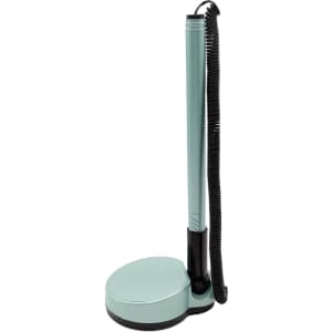 A mint green fixed signature pen with a coiled cord and a wide black base, featuring a logo.