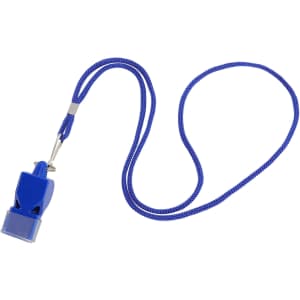 A blue plastic whistle attached to a braided lanyard, featuring a metal clip for fastening.