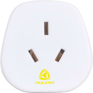A white universal travel adapter designed for Australian to European use, featuring three prongs and a logo.