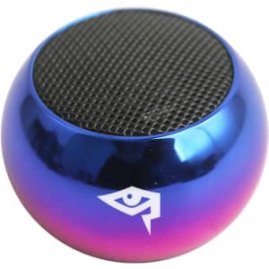 A mini wireless speaker in iridescent blue and pink, featuring a mesh speaker grill and a logo.
